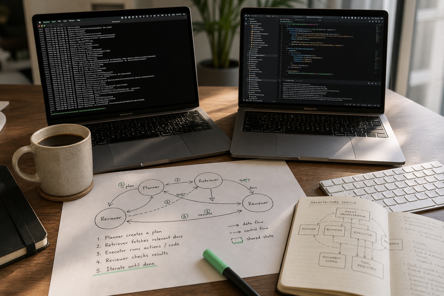 Arbeitsplatz mit Laptops und einer handgezeichneten Architekturskizze eines Multi-Agent-Systems mit Planer, Rechercheur, Ausführer und Prüfer