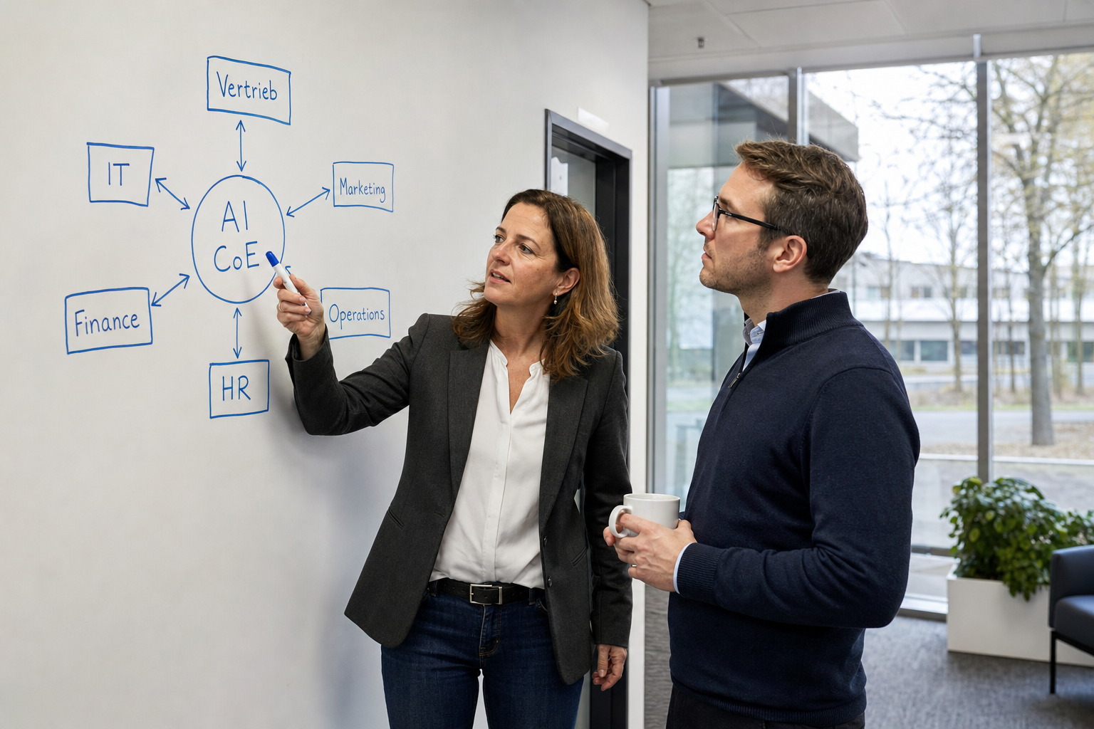 AI Center of Excellence als zentraler Hub mit Verbindungen zu Vertrieb, Marketing, Operations, IT, Finance und HR – visualisiert am Whiteboard