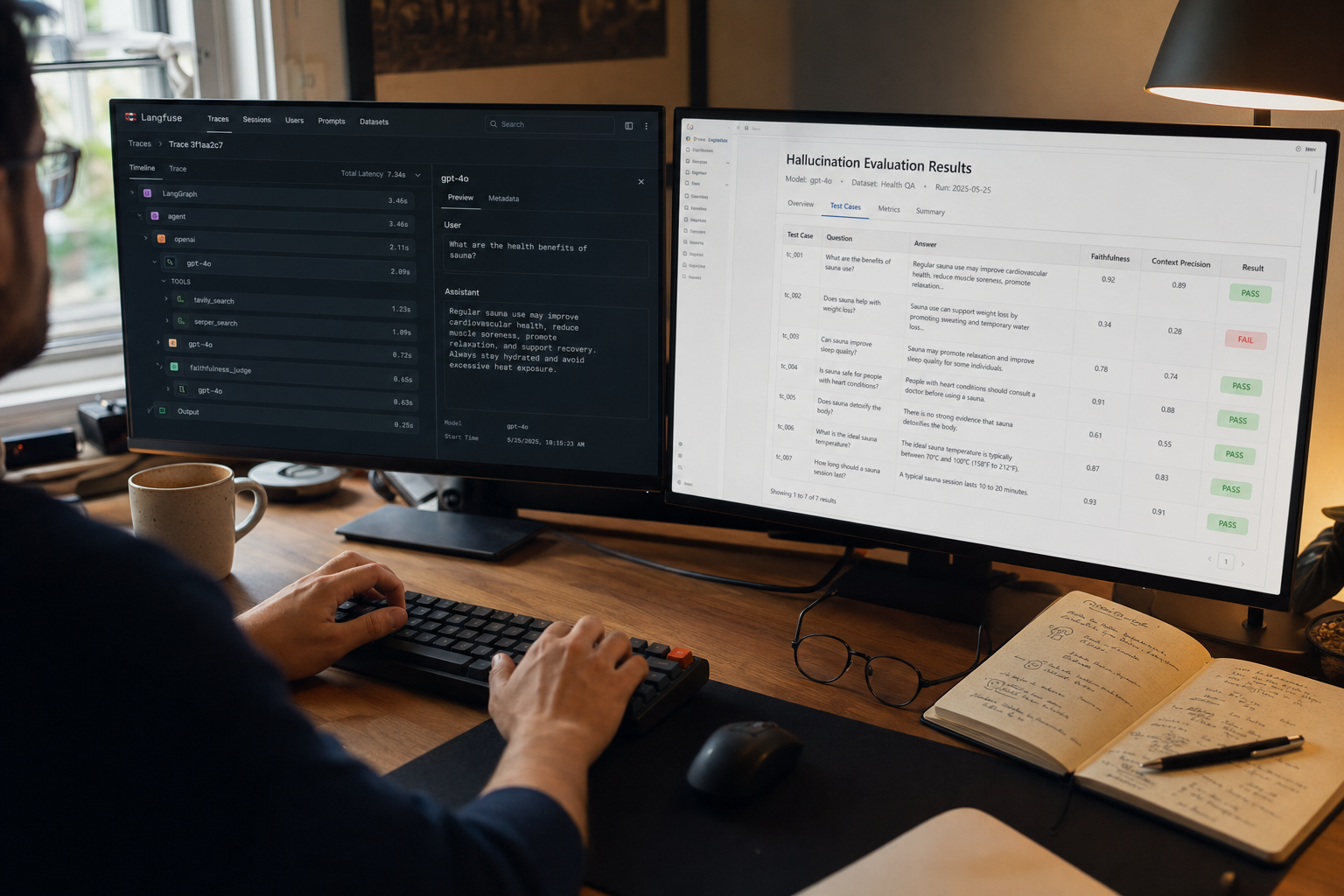 Entwickler-Arbeitsplatz mit zwei Monitoren: links eine LLM-Trace-Ansicht mit Spans für Prompt, Tool-Call und Completion, rechts ein Evaluation-Notebook mit Faithfulness- und Context-Precision-Scores.