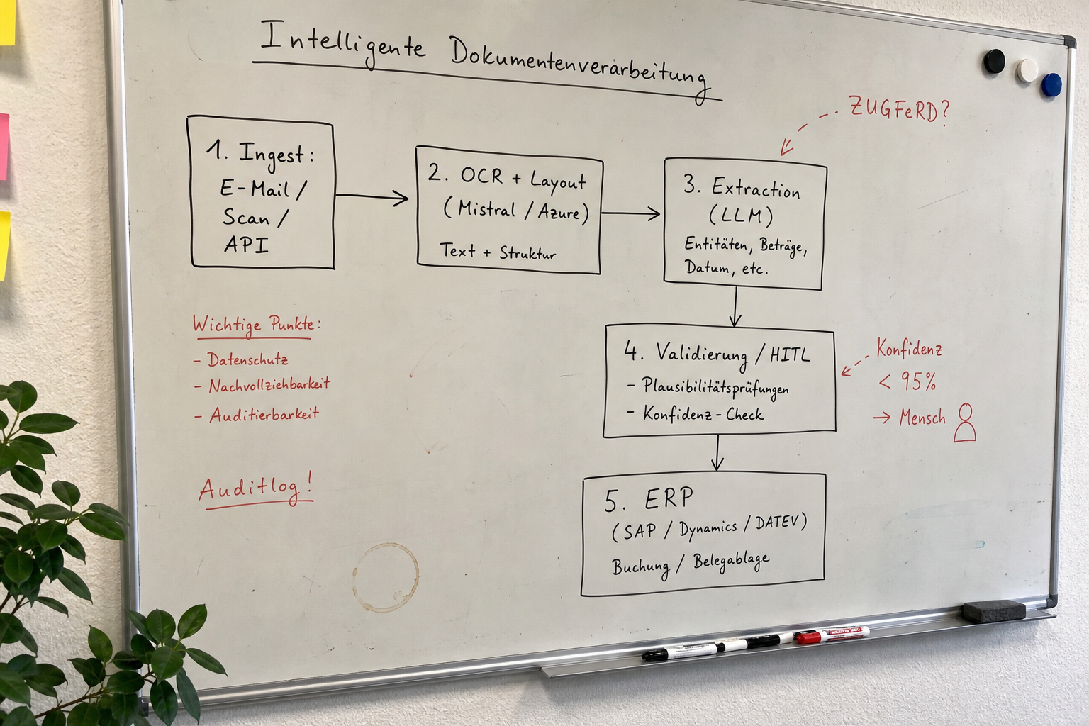Whiteboard-Skizze einer fünfstufigen IDP-Pipeline mit Ingest, OCR und Layout, LLM-Extraktion, Human-in-the-Loop-Validierung und ERP-Anbindung – mit handschriftlichen Annotationen zu Konfidenz-Schwellen und Auditlog