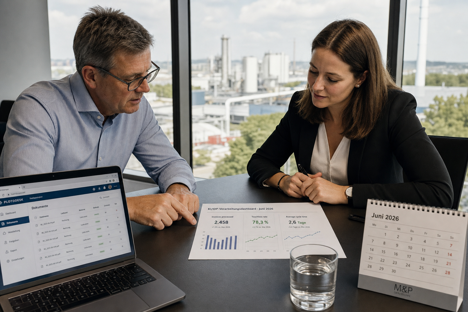 CFO und Head of Digital eines deutschen Industrieunternehmens prüfen gemeinsam ein KPI-Dashboard zur intelligenten Dokumentenverarbeitung mit Touchless-Rate und Stück-Kosten pro Dokument