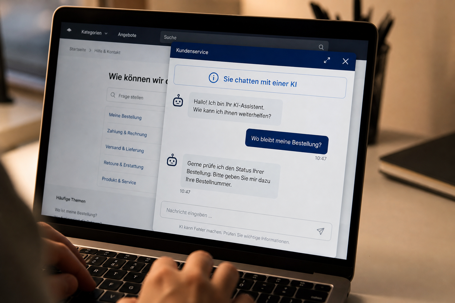 Beispiel einer korrekt umgesetzten Disclosure-Anzeige in einem Service-Chatbot mit dem Hinweis "Sie chatten mit einer KI"