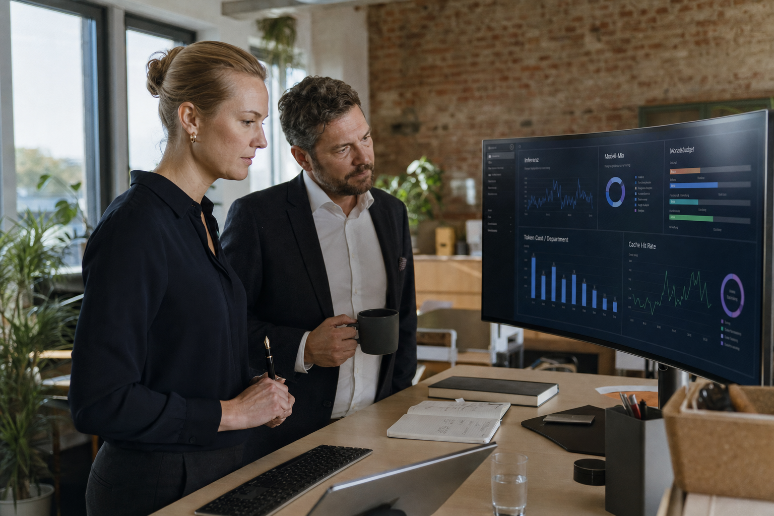 CFO und CIO blicken auf ein Dashboard mit Live-Token-Kosten pro Abteilung – Symbolbild für FinOps für KI im deutschen Mittelstand 2026