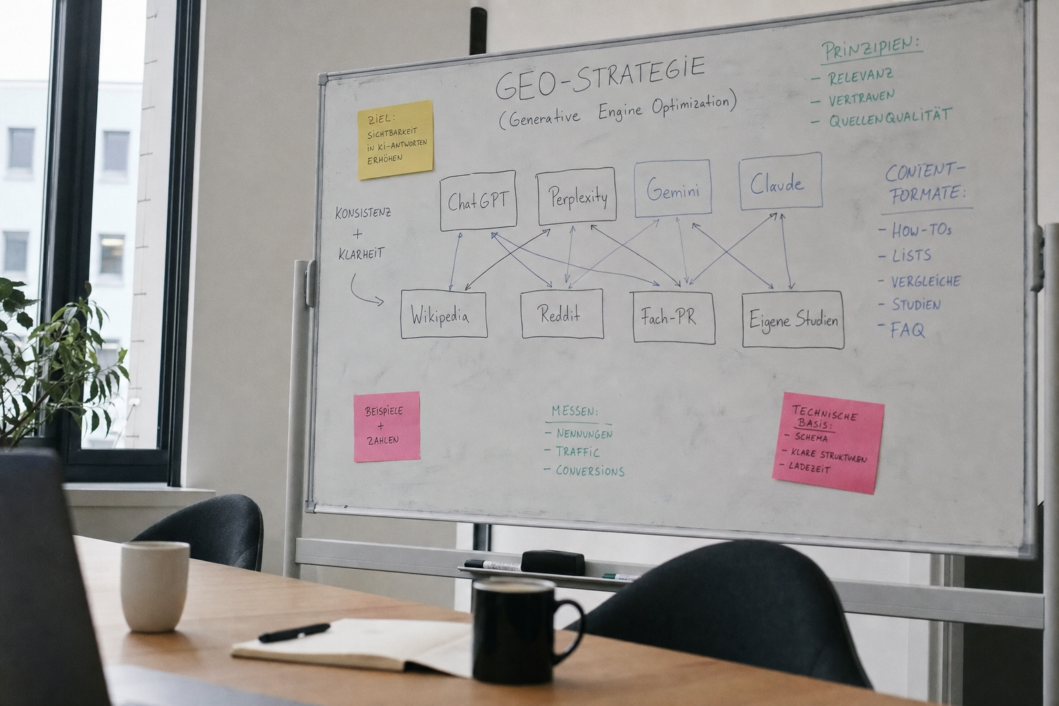 Strategie-Whiteboard mit GEO-Hebeln, Pfeilen zwischen ChatGPT, Perplexity, Gemini und Reddit/Wikipedia – Symbolbild für Cross-Platform-AI-Visibility