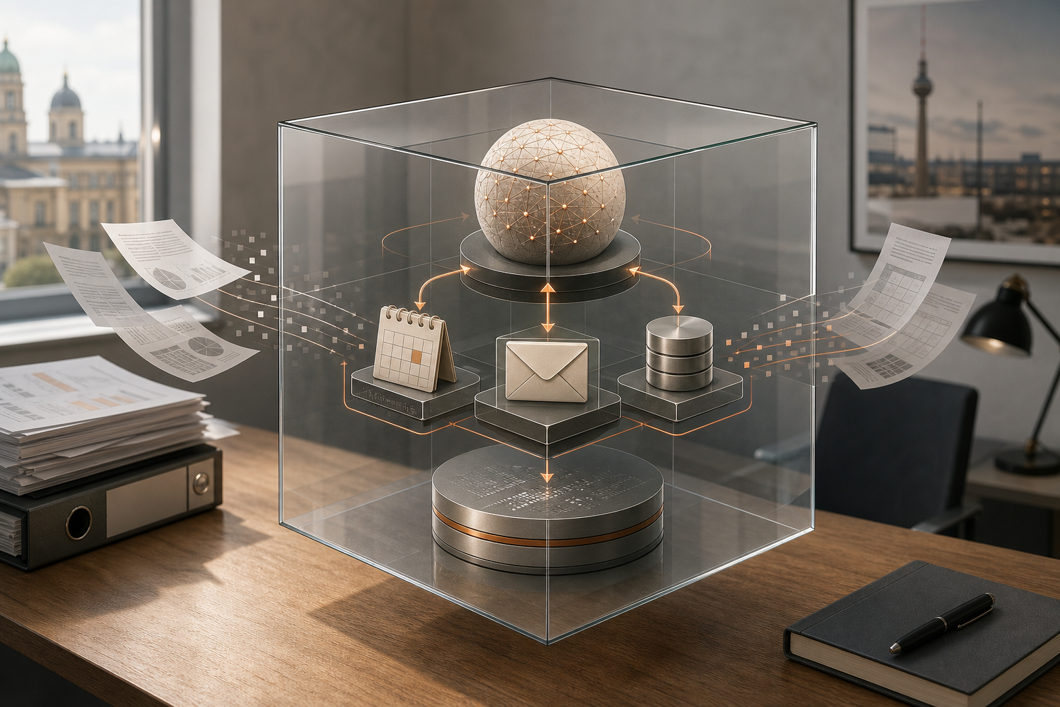 Architektur eines KI-Agenten: Reasoning, Tools, Memory und Orchestrierung als Glaskubus visualisiert