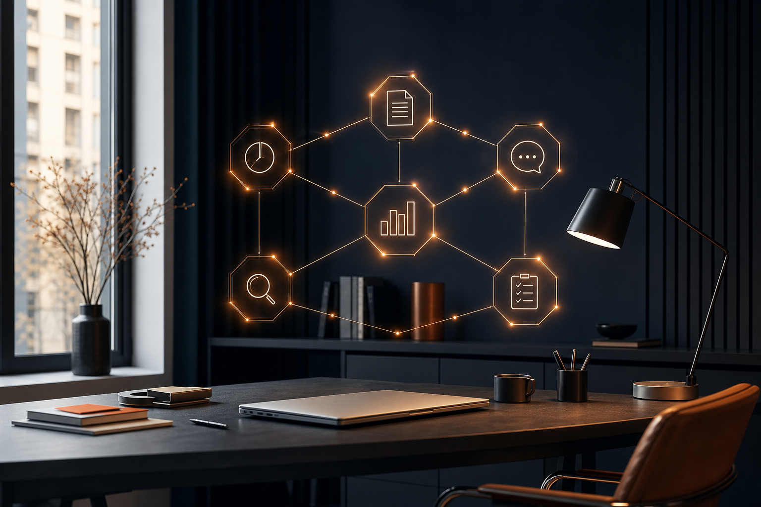 KI-Agenten im Unternehmen: Vernetzte autonome Systeme über einem modernen Arbeitsplatz
