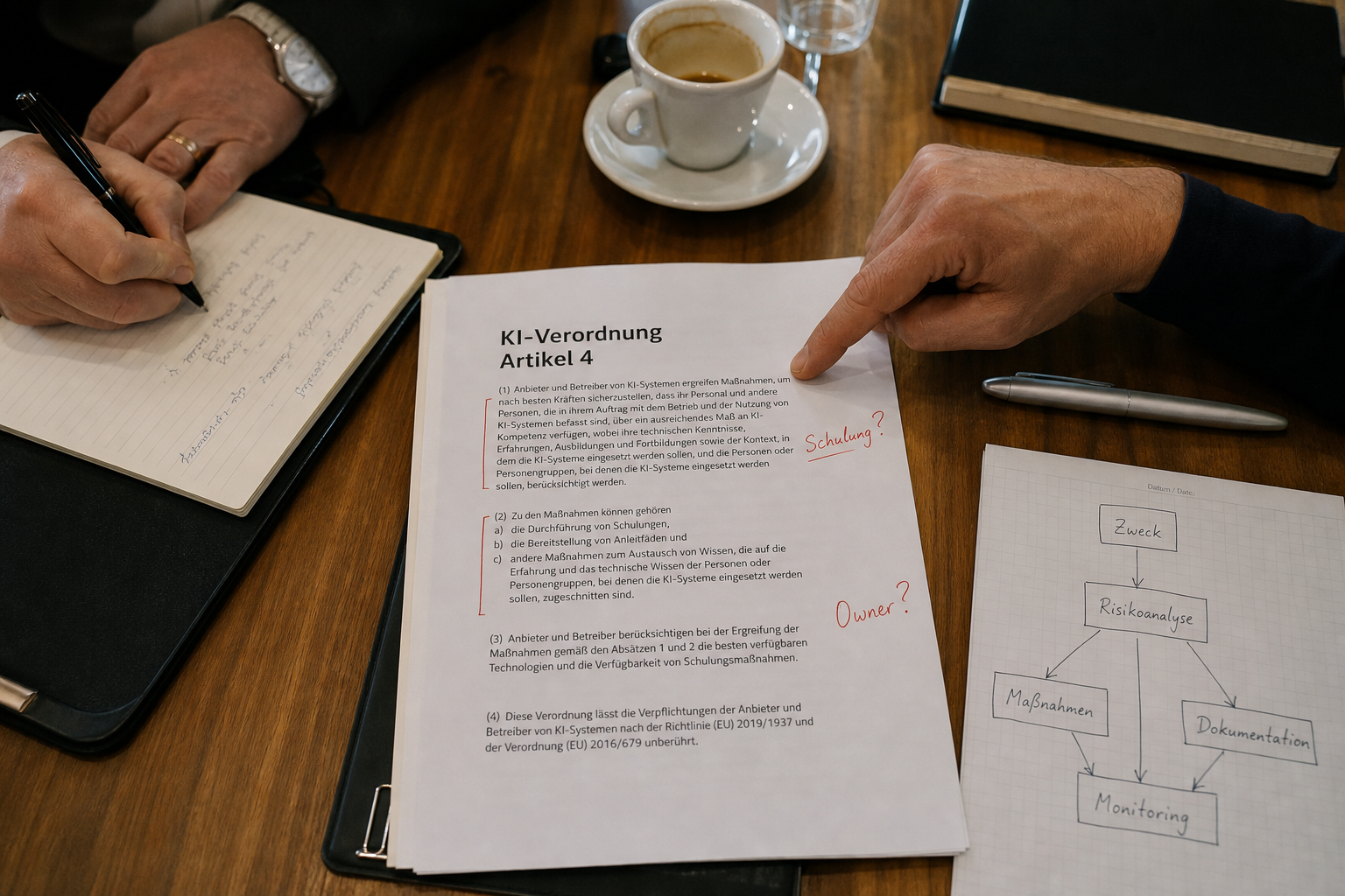 Aufsicht auf einen Konferenztisch mit gedrucktem Auszug der EU-KI-Verordnung Artikel 4, handschriftlichen Notizen und einem Flussdiagramm – Symbolbild für Governance-Workshops zur KI-Compliance