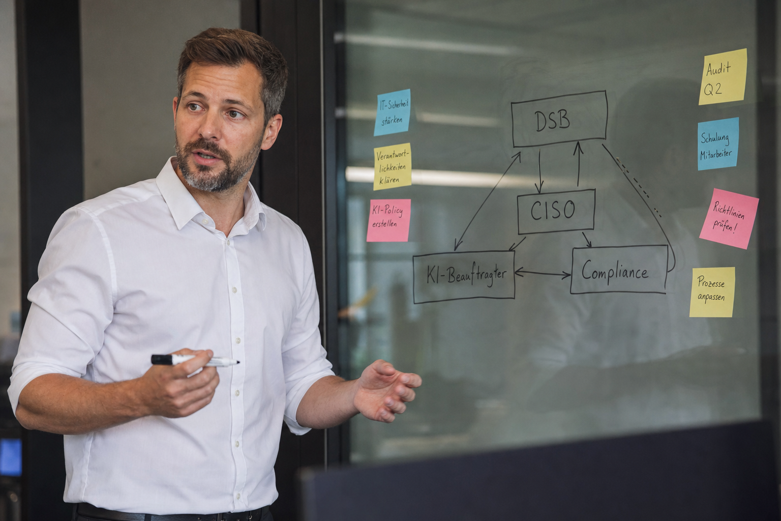 Mitarbeiter zeigt vor einer Glaswand mit Organigramm-Skizze die Abgrenzung zwischen Datenschutzbeauftragtem, CISO, KI-Beauftragtem und Compliance-Funktion