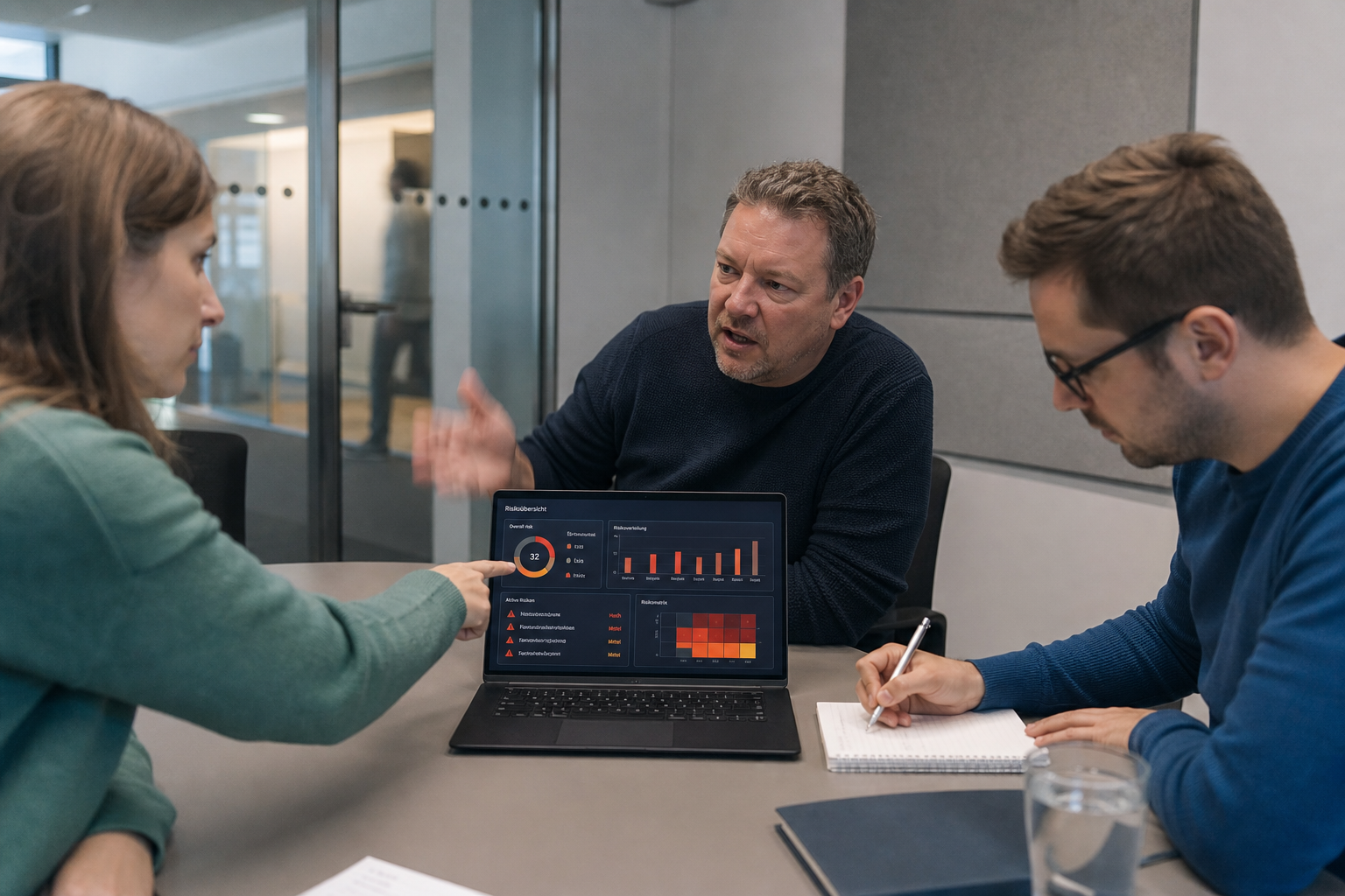 IT- und Security-Team eines deutschen Mittelständlers in einem Besprechungsraum, einer zeigt auf ein Dashboard mit Risk-Indikatoren auf einem Laptop