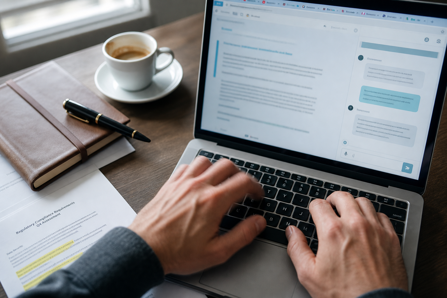 Detailaufnahme: Hände tippen auf einem Laptop, halb sichtbar Browser mit AI-Sidebar, daneben Notizbuch und Compliance-Ausdruck mit gelbem Marker