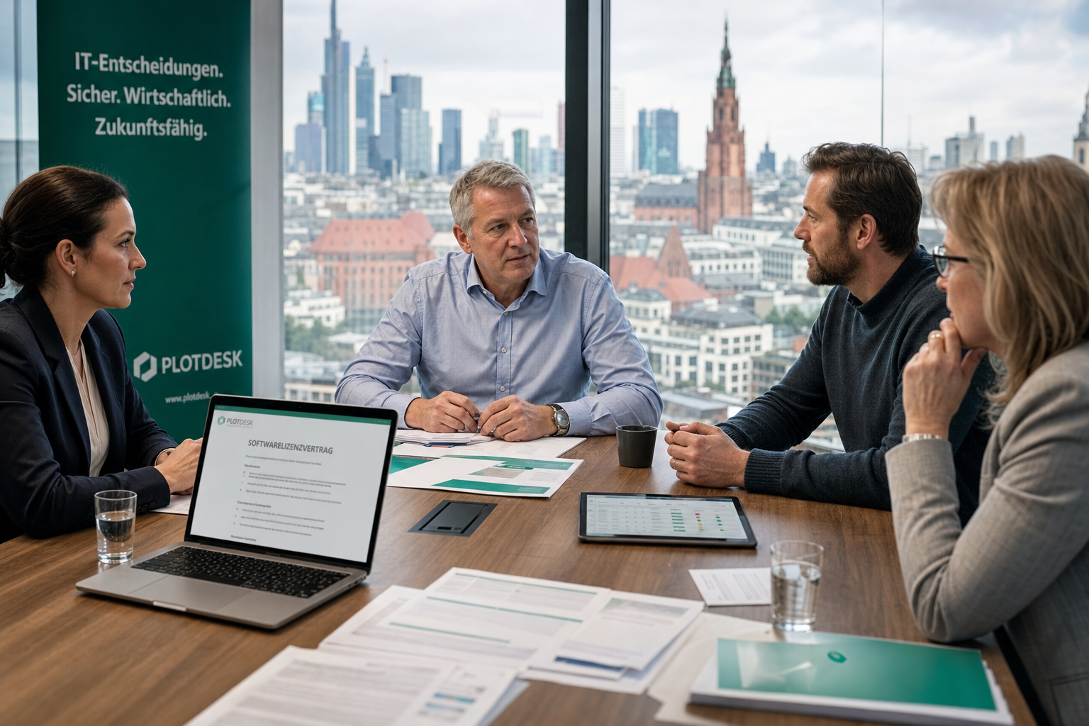 CIO, CISO, Head of Engineering und Compliance-Lead in einem deutschen Großunternehmen besprechen die Einführung eines AI-Coding-Tools – Symbolbild für AI-Engineering-Governance 2026