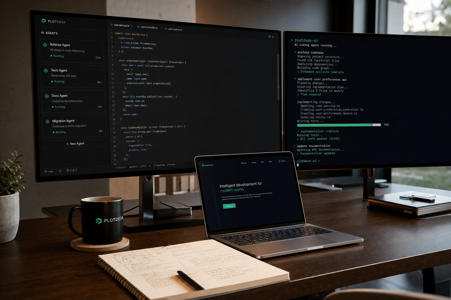 Entwickler-Arbeitsplatz mit parallel laufenden KI-Coding-Agenten auf zwei Monitoren – Symbolbild für AI Developer Stack 2026