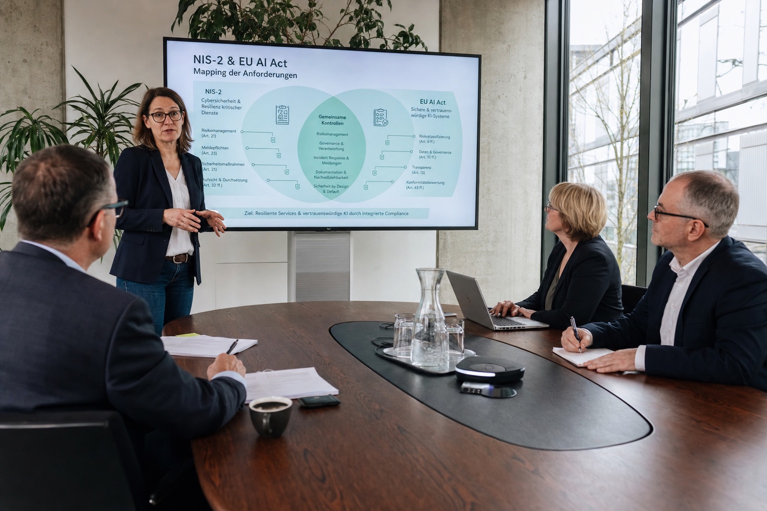 Präsentation im Besprechungsraum, die die Überschneidung von NIS-2-Pflichten und Pflichten der KI-Verordnung zeigt