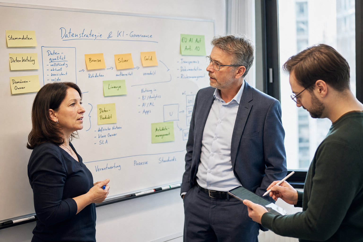 CIO, Head of Analytics und Data Steward eines mittelständischen Unternehmens diskutieren in einem Workshop vor einem Whiteboard mit Stammdaten, Lineage, Bronze/Silver/Gold-Stufen und EU-AI-Act-Anforderungen.