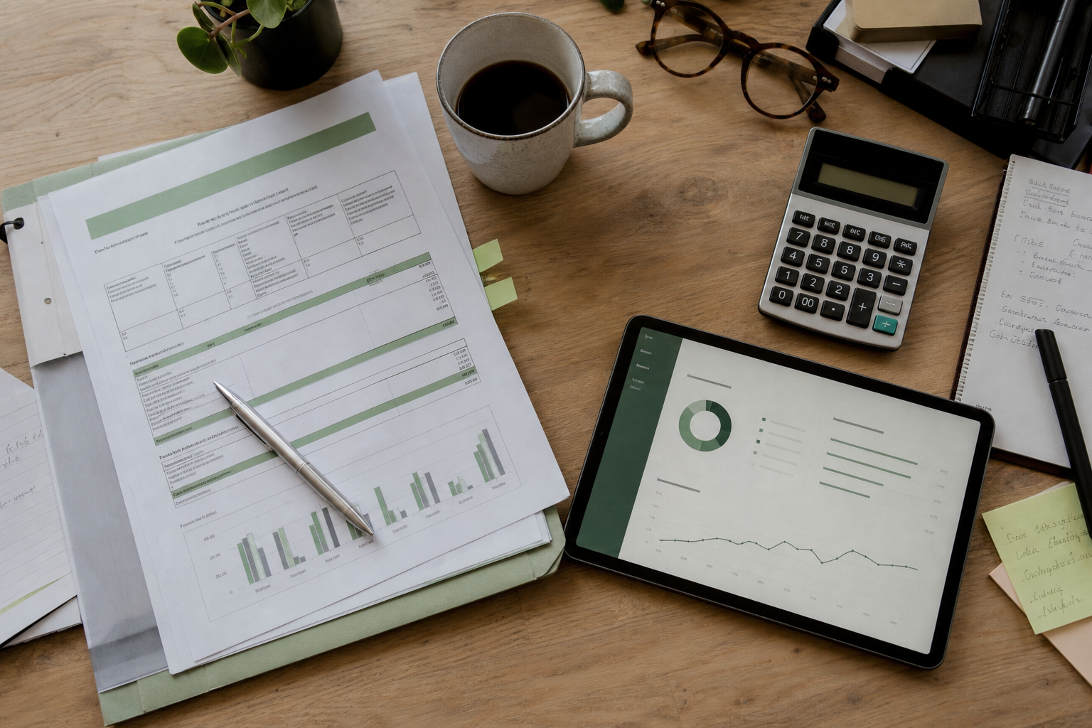 Schreibtisch mit Finanzierungsplan, Taschenrechner und Tablet mit Dashboard – Symbol für die verschiedenen Förderwege