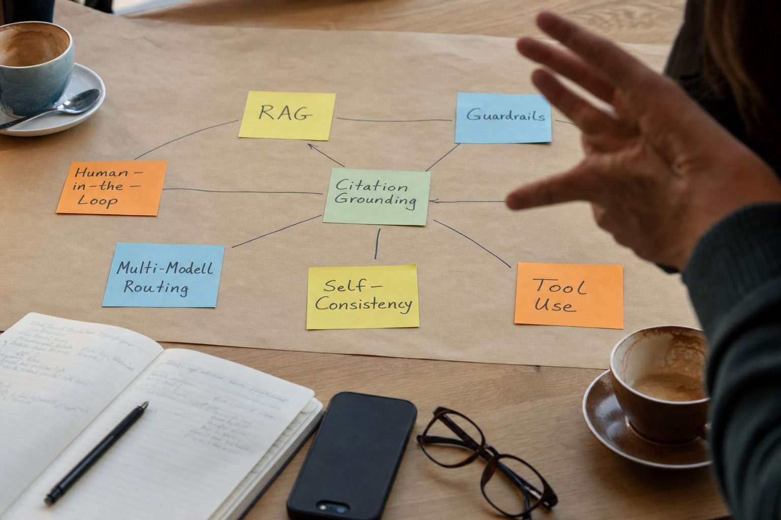 Strategie-Übersicht auf einem Konferenztisch mit Notizen zu RAG, Guardrails, Self-Consistency, Citation Grounding, Human-in-the-Loop und Multi-Modell-Routing