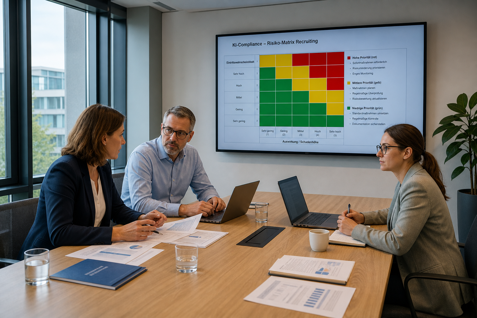 HR-Leitung, IT-Verantwortlicher und Datenschutzbeauftragter arbeiten an einer KI-Risiko-Matrix in einem deutschen Konferenzraum