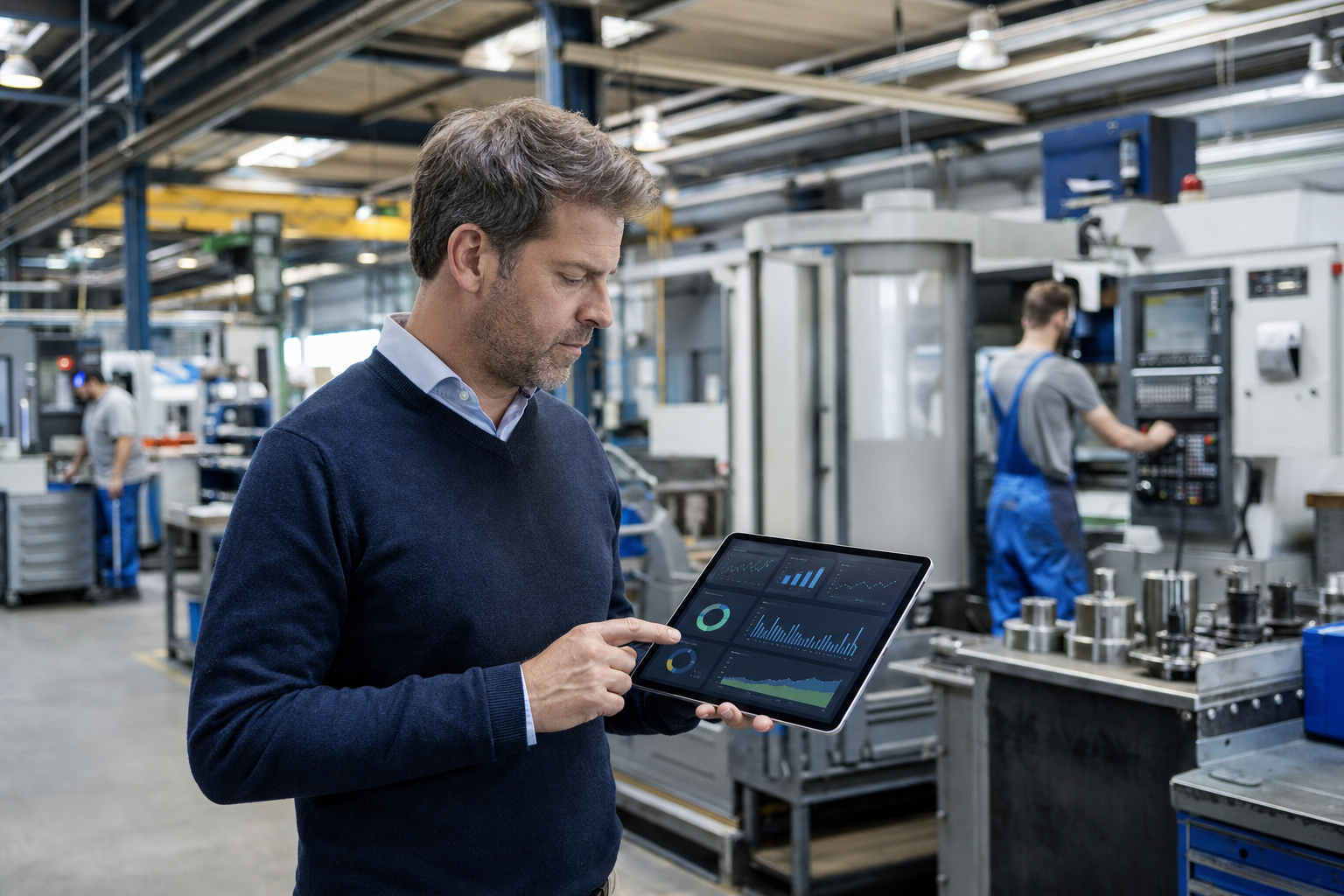 Head of Digital Transformation eines deutschen Maschinenbauers in einer modernen Werkhalle, prüft an einem Tablet KI-generierte Dashboard-Daten zur Produktionsplanung