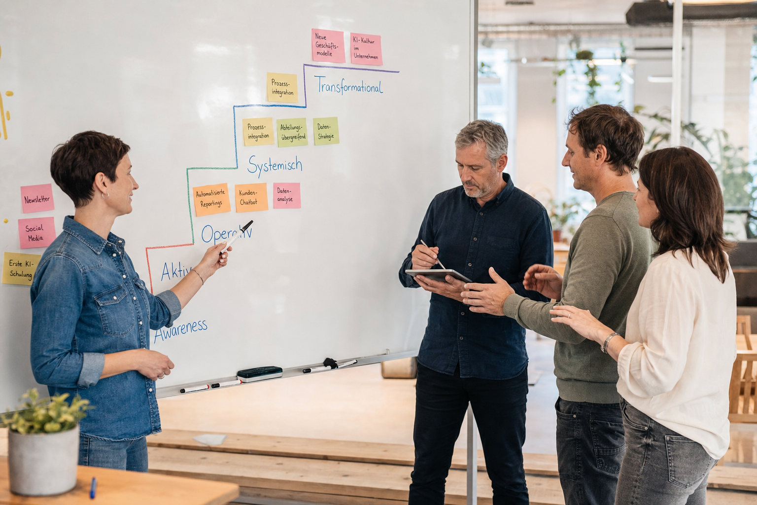 Workshop-Situation: Vier Personen vor einem Whiteboard mit einer farbigen 5-Stufen-Treppe und Post-it-Notizen für einzelne KI-Use-Cases