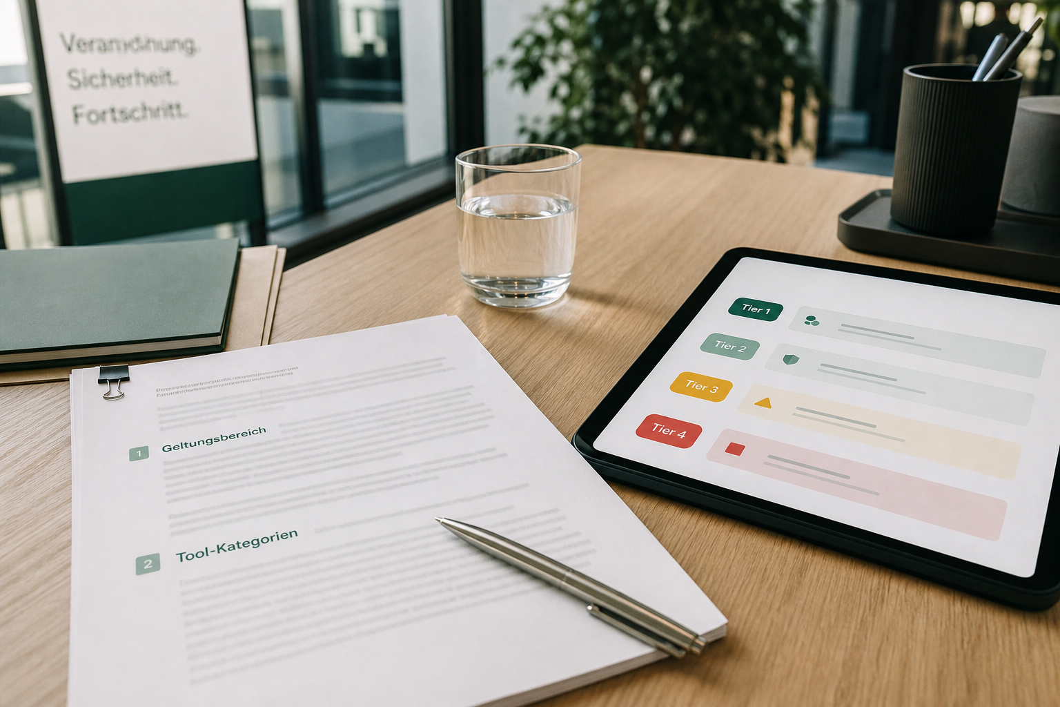 Ausgedruckte KI-Richtlinie mit visuellen Tier-Kategorien auf einem Schreibtisch, daneben Stift und Tablet – Symbolbild für die Tool-Klassifikation einer KI-Policy