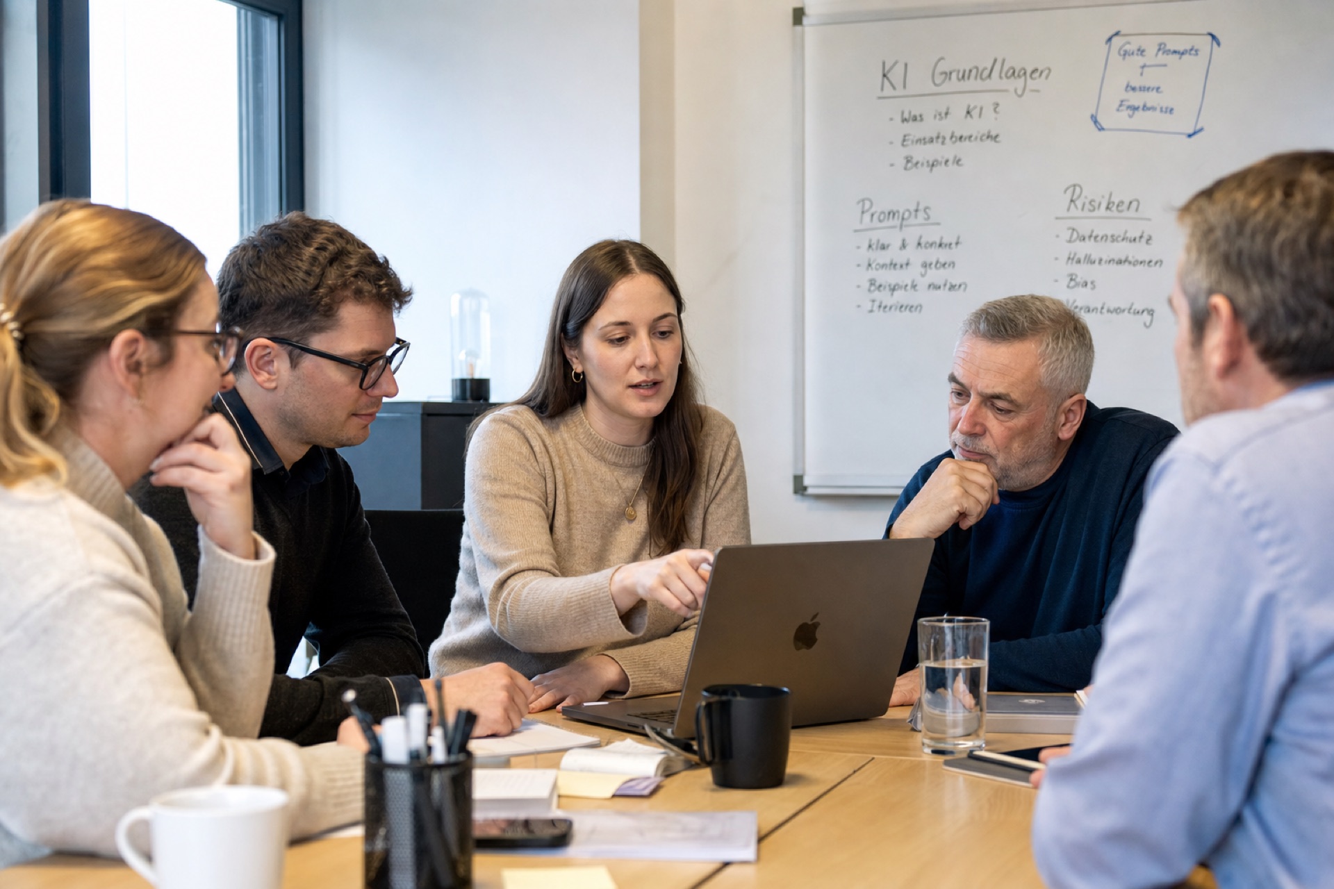 Mitarbeiter eines deutschen Unternehmens in einer KI-Schulung am Konferenztisch, Whiteboard mit Notizen zu KI-Grundlagen, Prompts und Risiken im Hintergrund