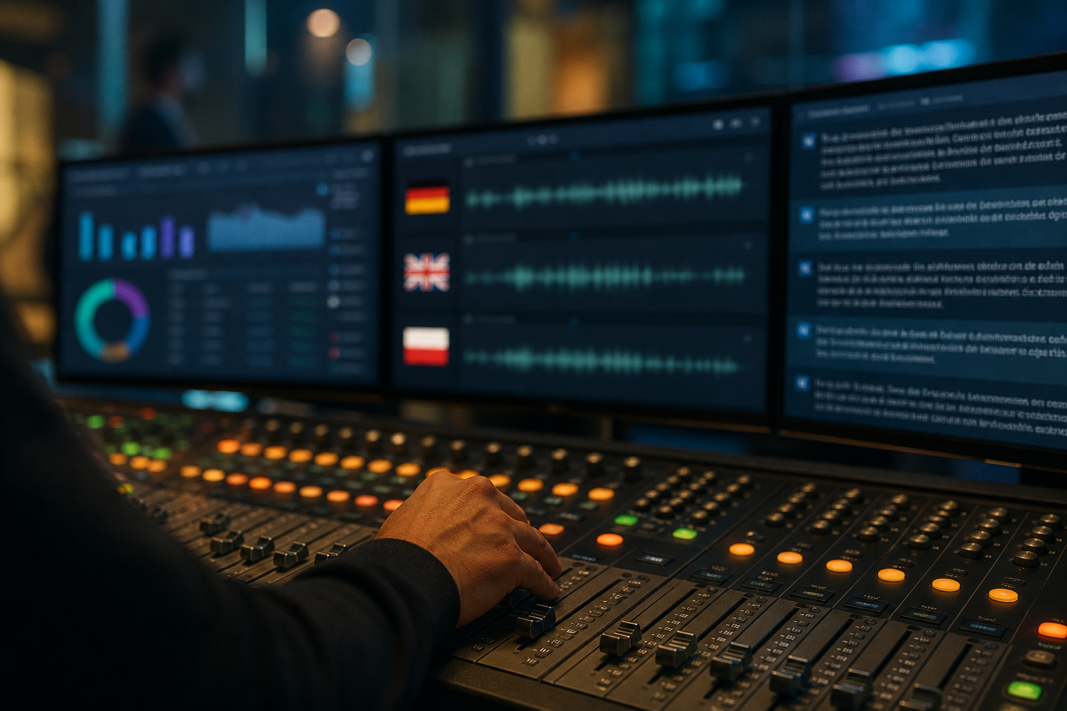 Operatives Cockpit eines Voice-AI-Service-Centers mit Live-Analytics zu Sprachen, Konversations-Transkripten und Call-Volumen – Symbolbild für Voice-AI-Betrieb im Mittelstand