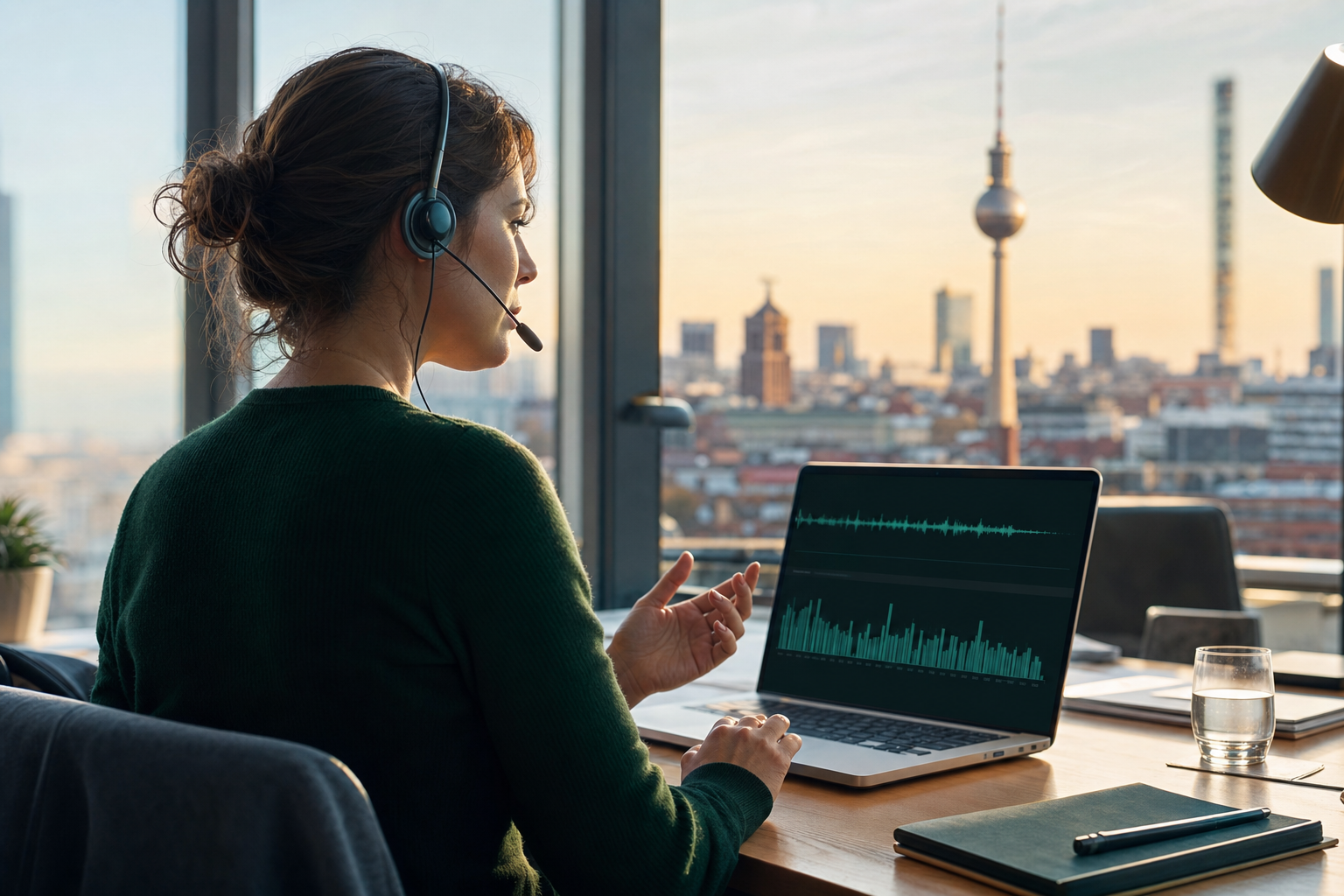 Service-Mitarbeiterin mit Headset spricht ruhig in ein Mikrofon, auf ihrem Laptop läuft eine Echtzeit-Wellenform – Symbolbild für KI-Sprachagenten in deutschen Unternehmen 2026
