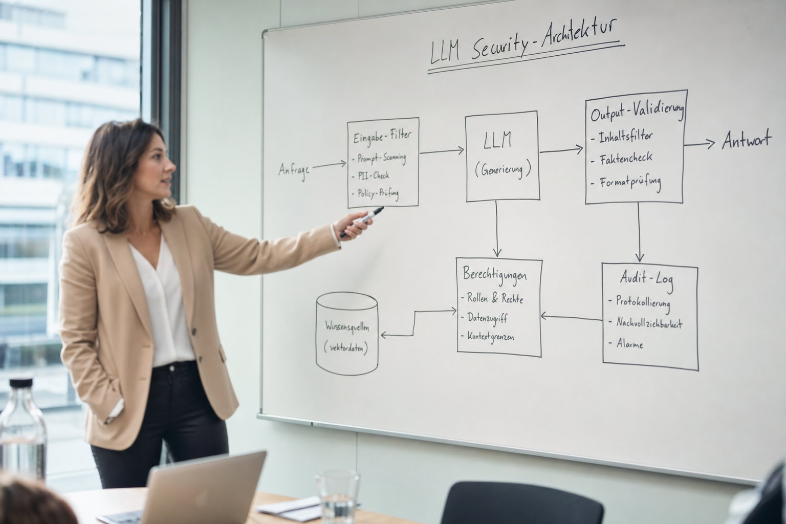 Whiteboard in einem Meetingraum mit Architekturskizze einer LLM-Sicherheitsstrategie inklusive Eingabe-Filter, Output-Validierung, Audit-Log und Berechtigungen