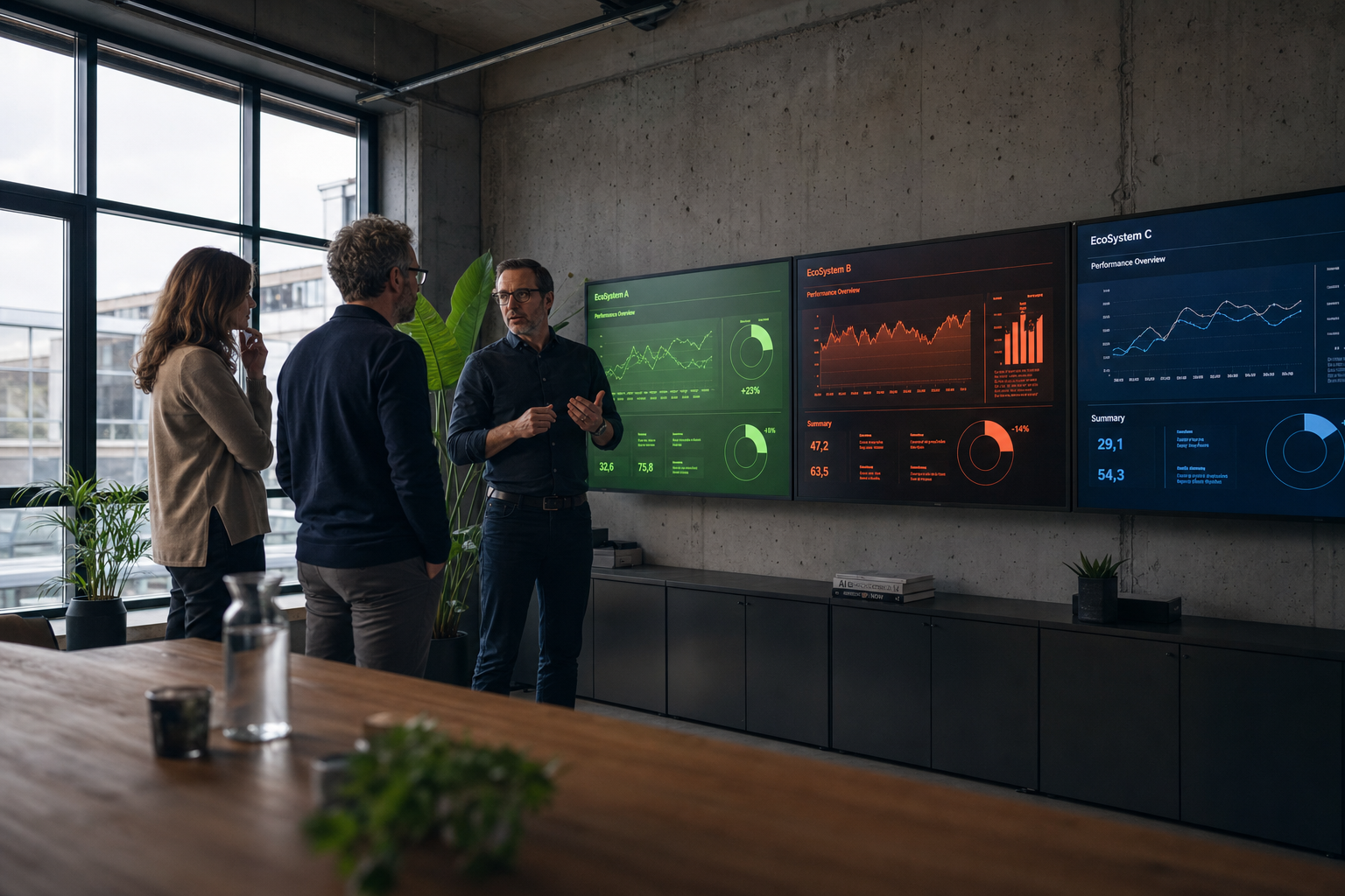 Drei Bildschirme mit unterschiedlichen KI-Dashboards in einem modernen Strategie-Meeting – Symbolbild für Multi-Modell-Vergleich