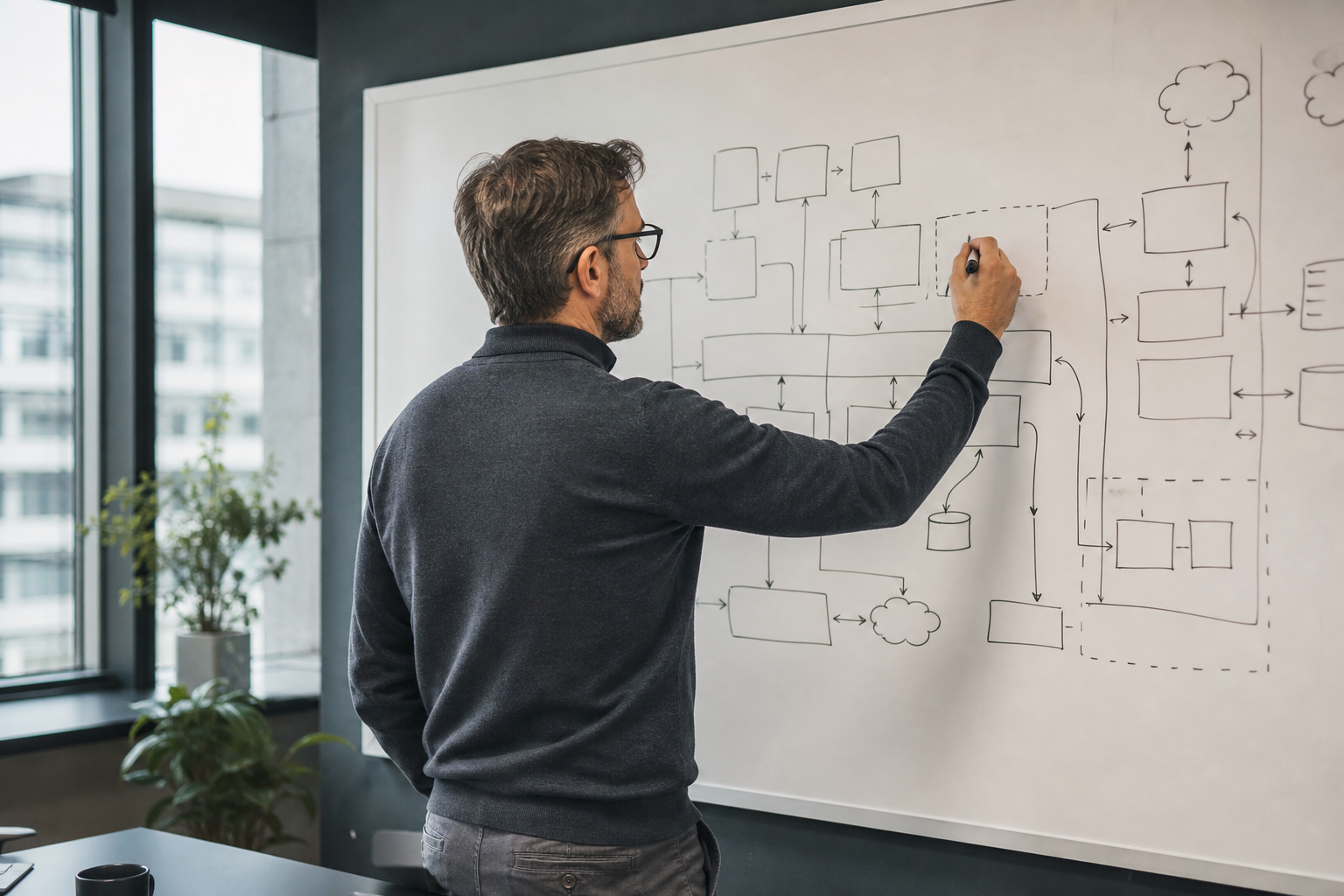 IT-Architekt skizziert auf einem Whiteboard ein Integrations-Diagramm mit verbundenen Systemen – Symbolbild für die strategische Bedeutung von MCP in der Enterprise-Architektur