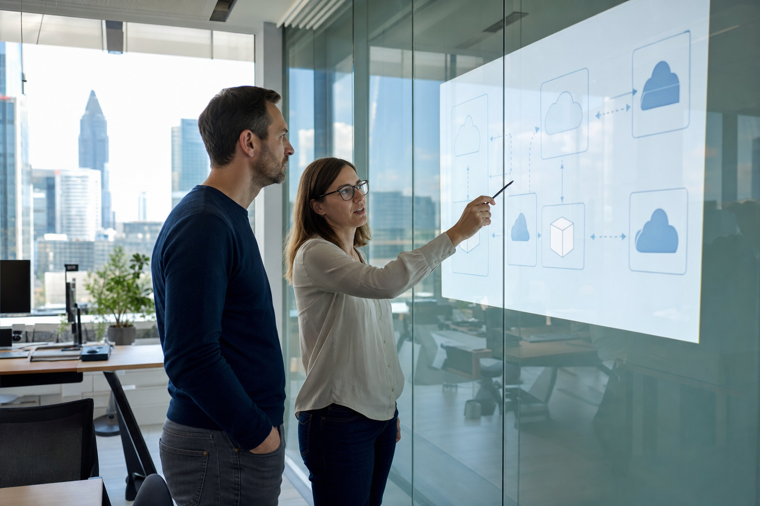 Zwei KI-Architekten im deutschen Mittelstand diskutieren ein Hybrid-Stack-Diagramm an einer Glaswand – Open-Source-Modelle, EU-Hosting, proprietäre APIs