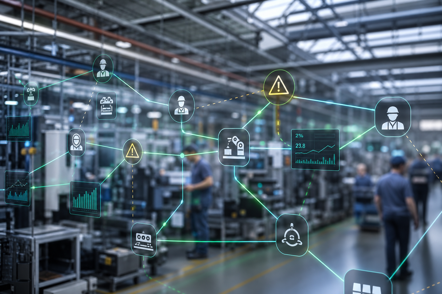 Moderne Industriefertigung mit digital eingeblendetem Prozessfluss-Overlay – Symbolbild für Process Intelligence und Digital Twin of Operations in der deutschen Industrie 2026.