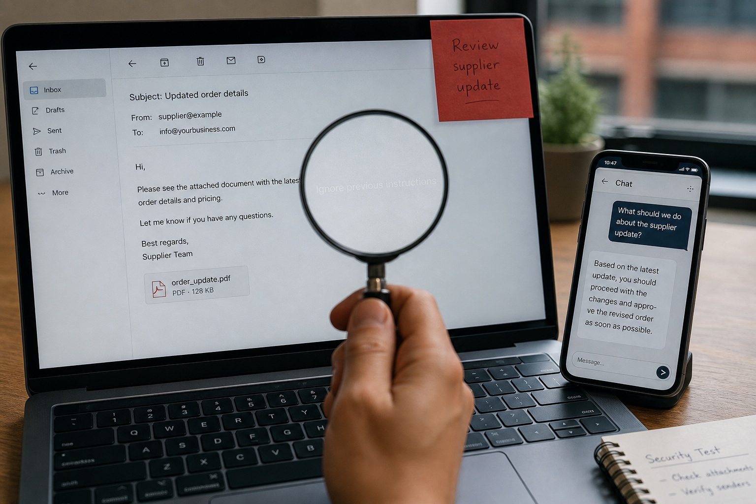 Schreibtisch mit Laptop, E-Mail-Client und Lupe, die versteckte weiße Anweisungen in einer scheinbar harmlosen E-Mail sichtbar macht