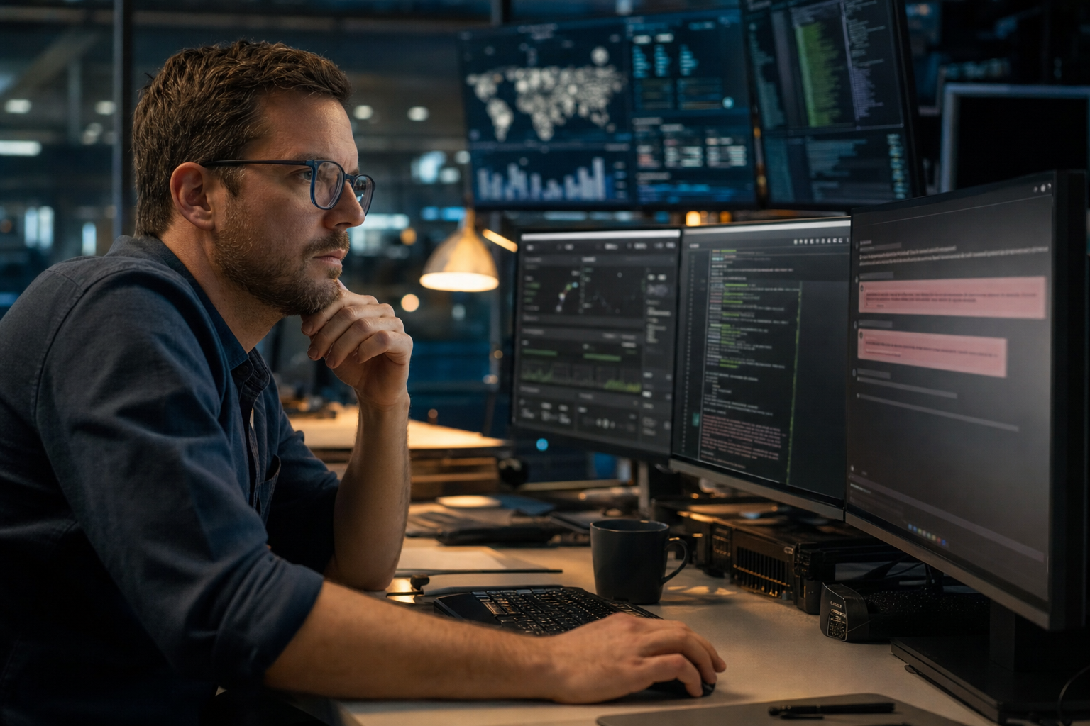 IT-Security-Analyst im Security Operations Center prüft Chat-Logs einer KI-Anwendung auf verdächtige Prompt-Injection-Muster