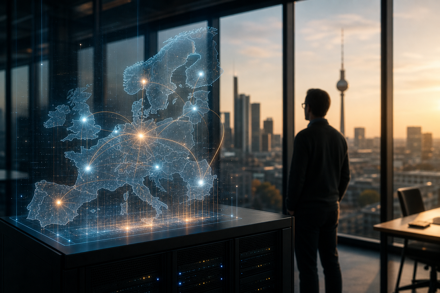 Souveräne KI für deutsche Unternehmen: Visualisierung eines europäischen KI-Netzwerks vor moderner Bürokulisse