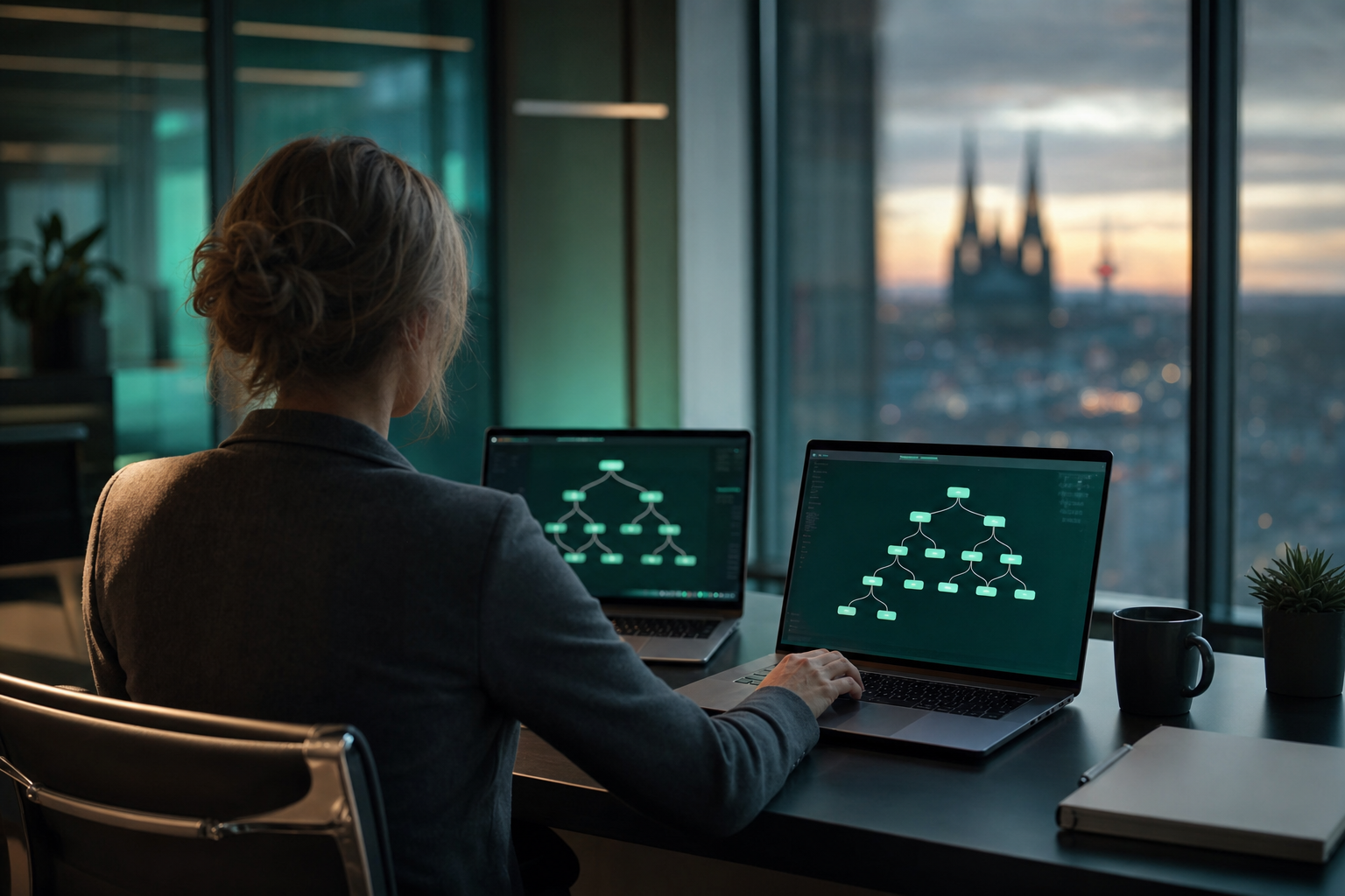 IT-Managerin arbeitet abends am Schreibtisch mit zwei Laptop-Bildschirmen, auf denen abstrakte Entscheidungsbäume zu sehen sind – Symbolbild für Reasoning- bzw. Thinking-Modelle in deutschen Unternehmen